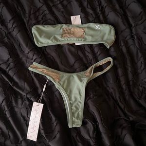 BoutineLA Moss Green Perforated strapless bikini set